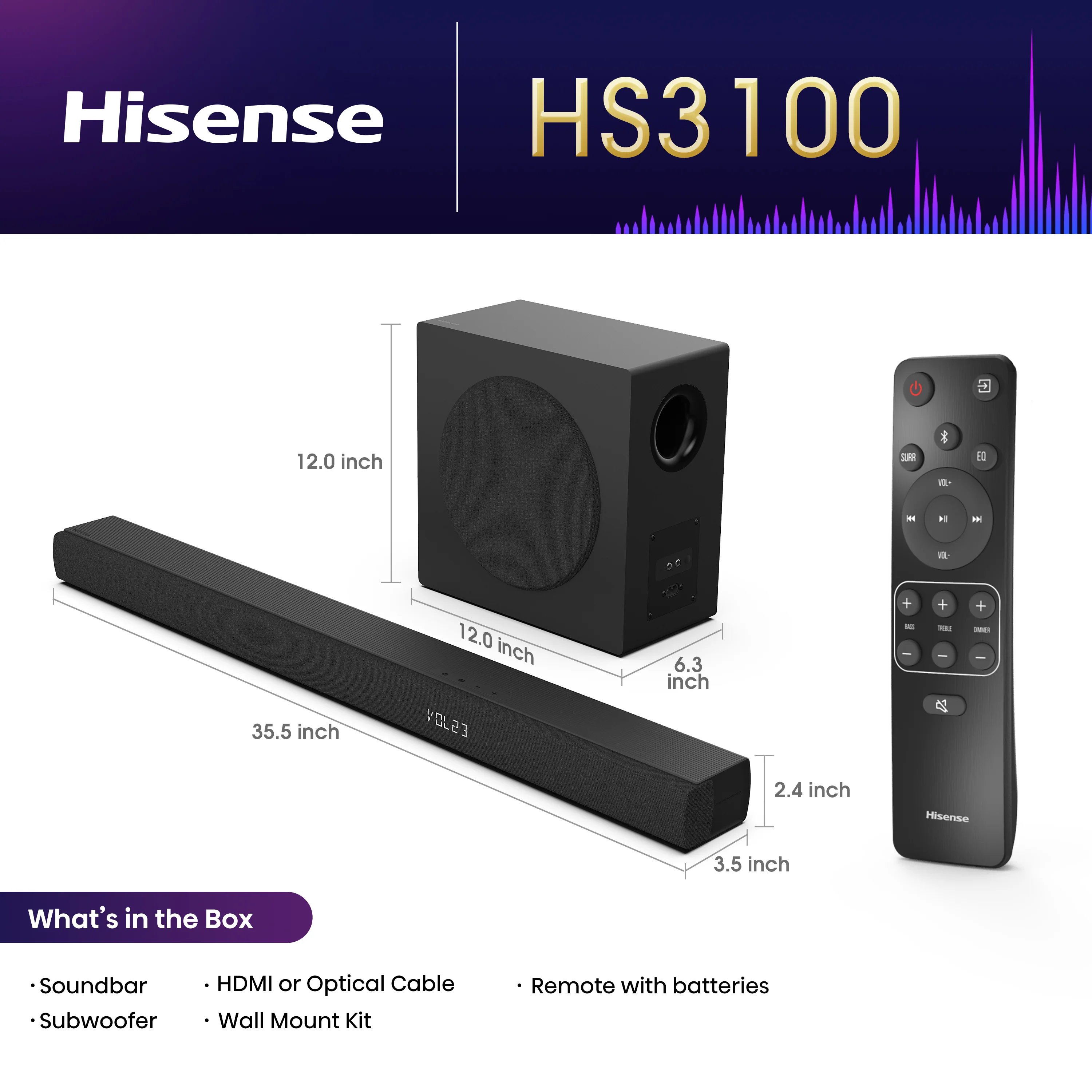 Hisense HS3100 3.1Ch, Dolby Digital Plus/ DTS Virtual:X, Sound Bar with Wireless Subwoofer - Image 3