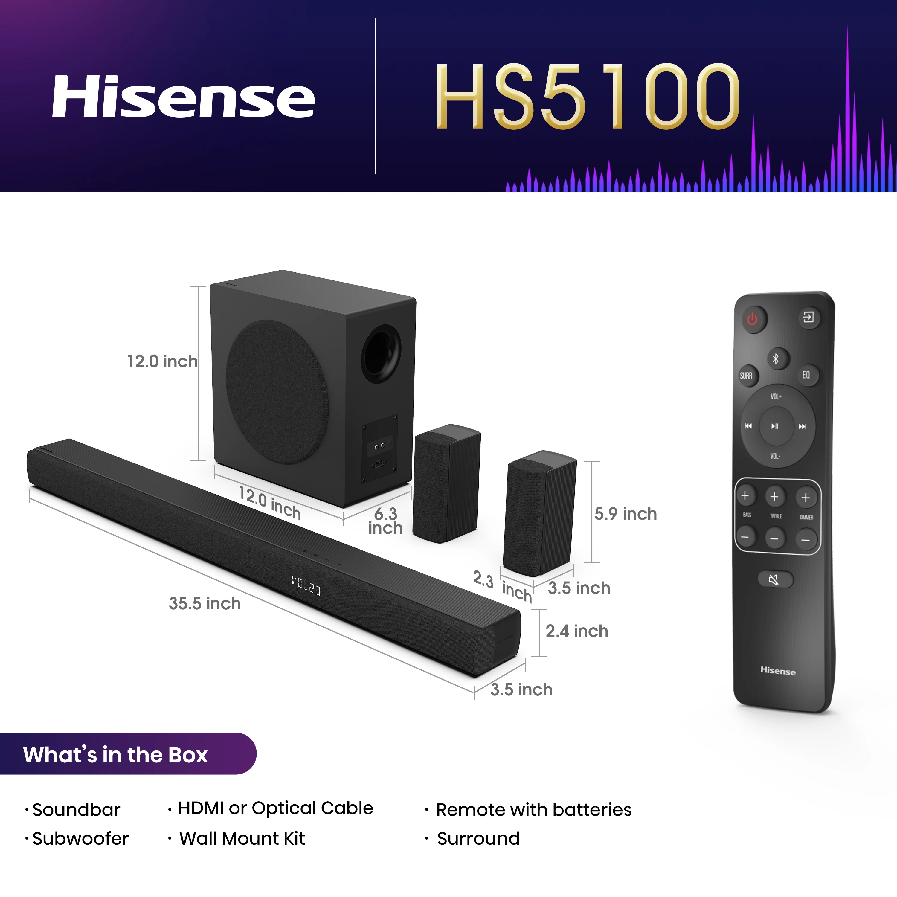 Hisense HS5100 5.1Ch, Dolby Digital Plus / DTS: X, Sound Bar with Wireless Subwoofer w/ Surround Speaker - Image 4